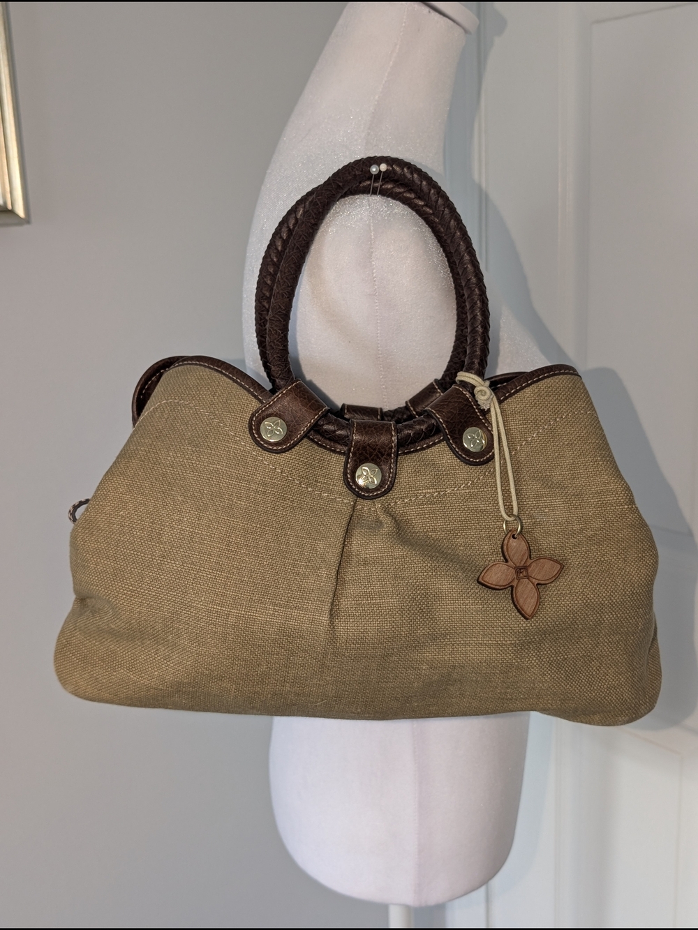 Relic Tan Tweed-Look Satchel with Dark Brown Trim